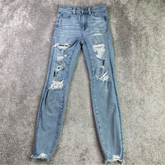 American Eagle Jeans Women's 00 Blue Jegging Hi-Rise Light Wash Ripped Stretch - Picture 1 of 12